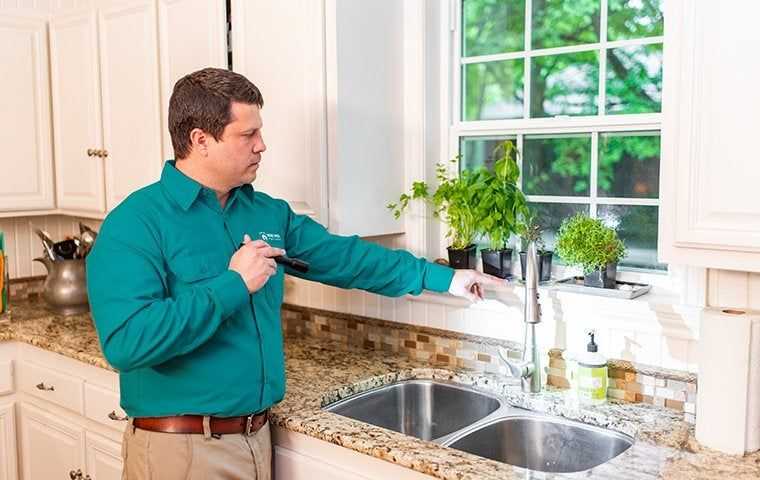 a tech inspecting a kitchen sink